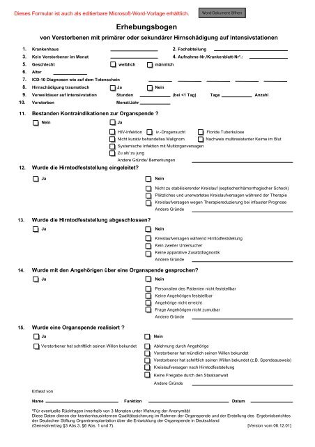 Hirntodprotokoll Vorlage - Transplantationszentrum Freiburg