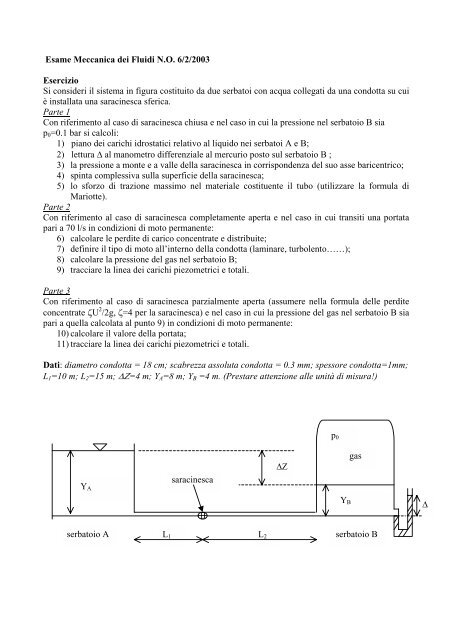 Esame Meccanica dei Fluidi N.O. 6/2/2003 Esercizio Si consideri il ...