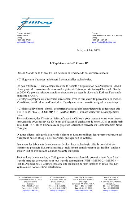 Paris, le 8 Juin 2009 L'ExpÃƒÂ©rience de la DAI sous IP Dans le ... - Citilog