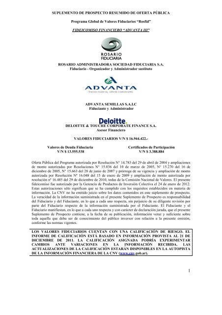 Fideicomiso Financiero ADVANTA III - Suplemento de Prospecto ...