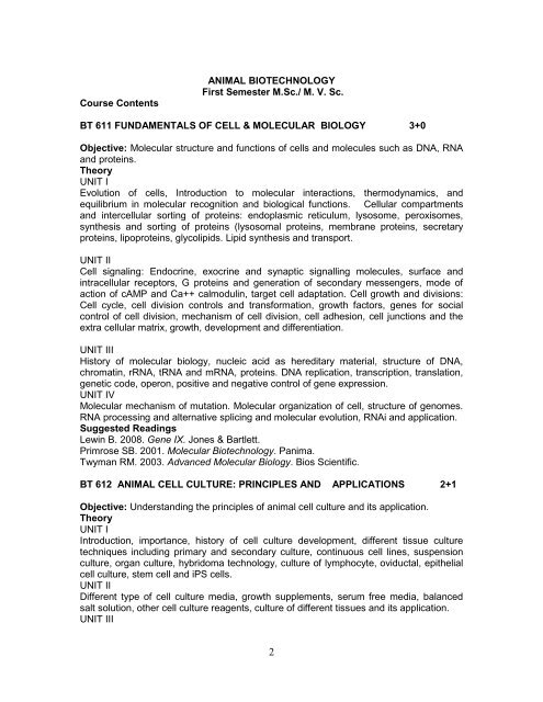 ANIMAL BIOTECHNOLOGY Course Structure – at a Glance for M.Sc ...