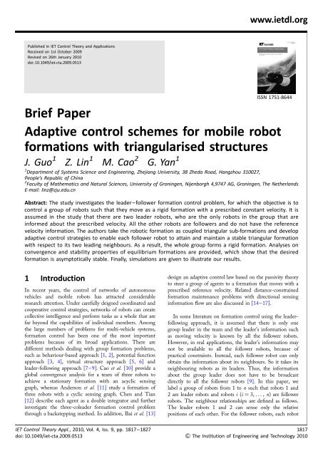 Adaptive control schemes for mobile robot formations ... - IEEE Xplore