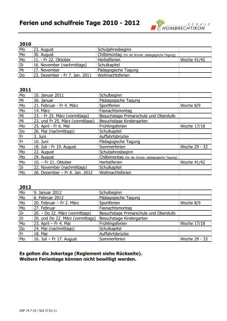 Ferien und schulfreie Tage 2010 - 2012 - Schule Hombrechtikon