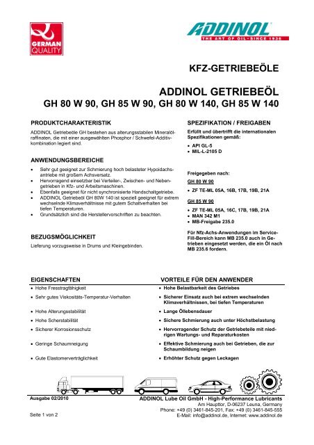 KFZ-GETRIEBEÖLE ADDINOL GETRIEBEÖL GH 80 W 90, GH 85 W  ...