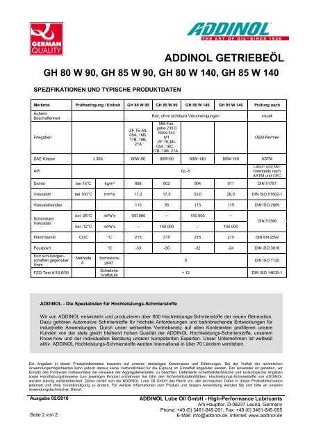 KFZ-GETRIEBEÖLE ADDINOL GETRIEBEÖL GH 80 W 90, GH 85 W  ...