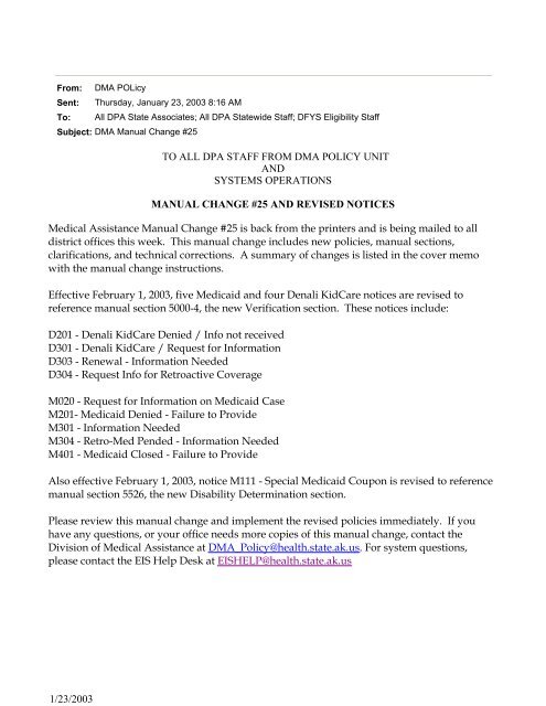 1/23/2003 TO ALL DPA STAFF FROM DMA POLICY UNIT AND 1/23/2003 TO ALL DPA STAFF FROM DMA POLICY UNIT AND