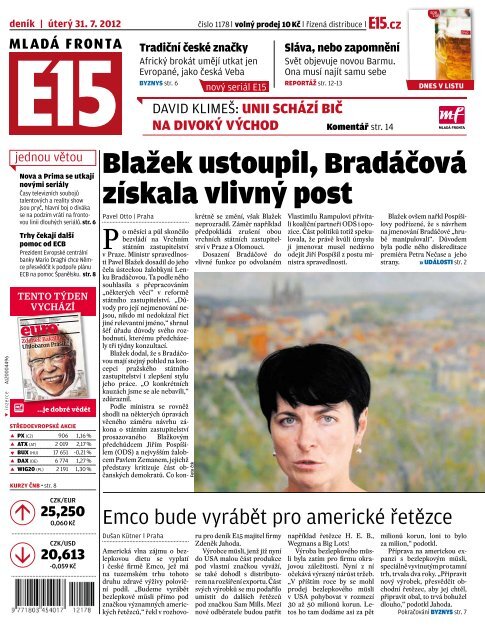 BlaÃ…Â¾ek ustoupil, BradÃƒÂ¡Ã„ÂovÃƒÂ¡ zÃƒÂ­skala vlivnÃƒÂ½ post - MladÃƒÂ¡ fronta