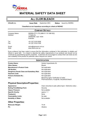 MSDS All Clor Bleach - Sierra (Aust)