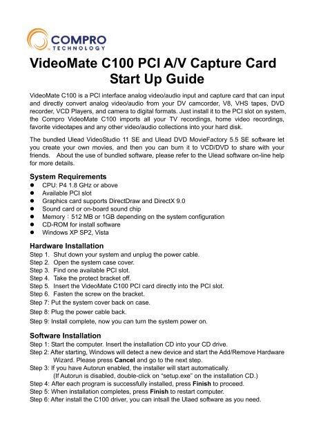 VideoMate C100 PCI A/V Capture Card Start Up Guide - Compro