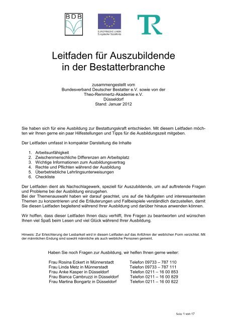 Leitfaden für Auszubildende - Bundesverband Deutscher Bestatter ...