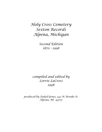 Holy Cross Cemetery Sexton Records Alpena, Michigan