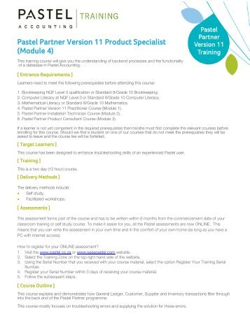 Pastel Partner Version 11 Product Specialist (Module 4) - Sage Pastel