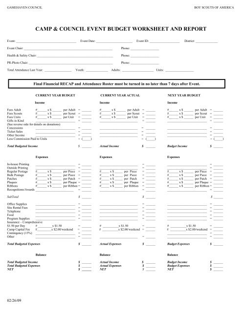 camp & council event budget worksheet and report - Gamehaven ...