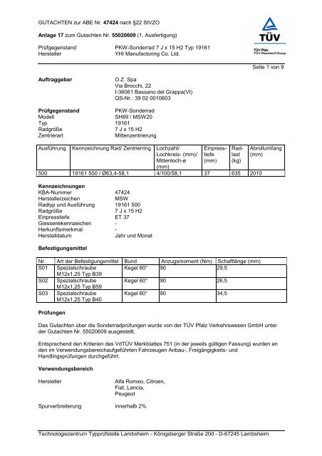 GUTACHTEN zur ABE Nr. 47424 nach Â§22 StVZO Anlage 17 zum ...