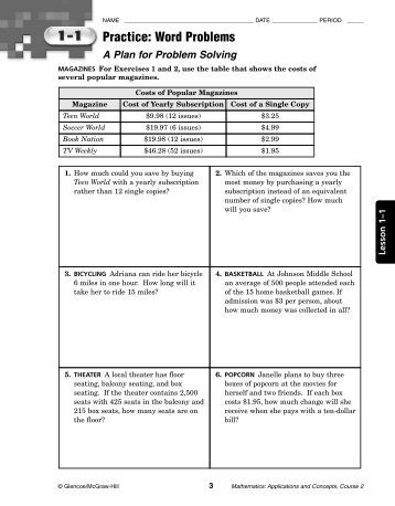 Worksheets Glencoe/mcgraw-hill Word Problem Practice Answers practice word problems workbook glencoe glencoe