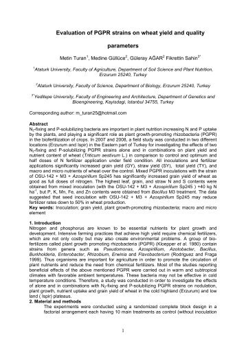 Evaluation of PGPR strains on wheat yield and quality parameters