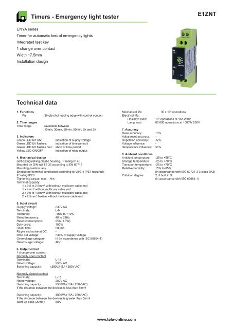 E1ZNT Timers - Emergency light tester Technical data