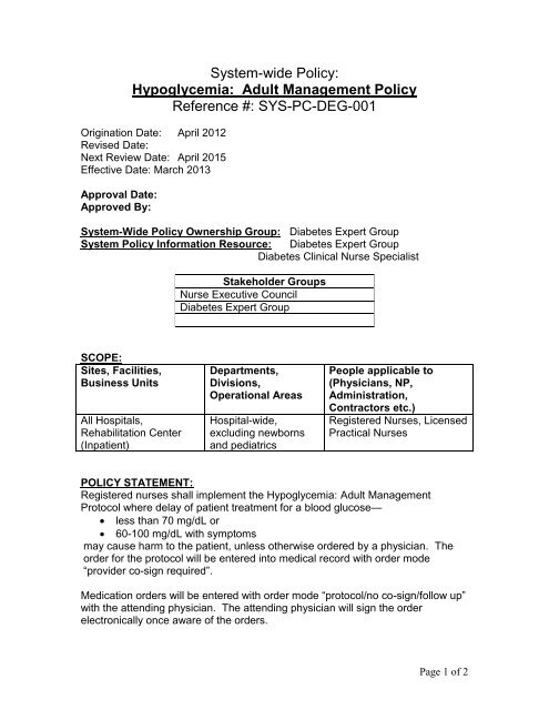 Adult hypoglycemia policy