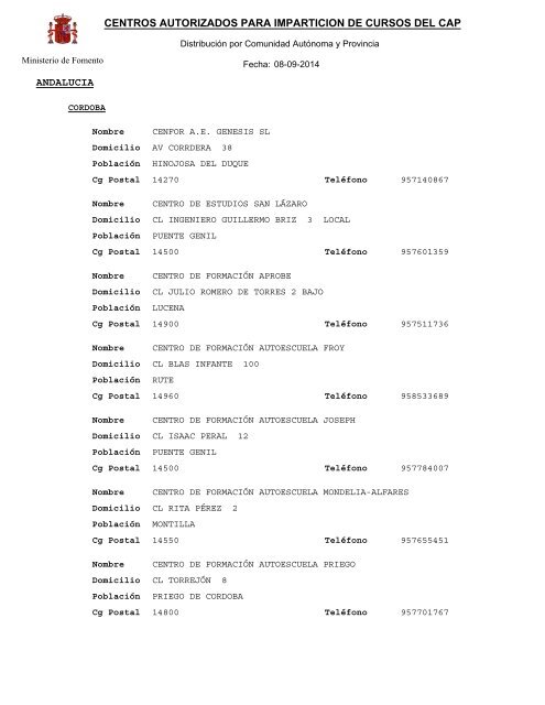 Centros autorizados para imparticiÃ³n de cursos del CAP