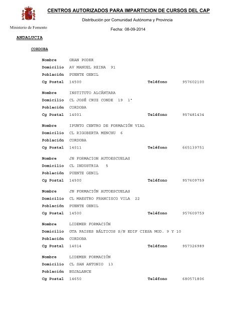 Centros autorizados para imparticiÃ³n de cursos del CAP