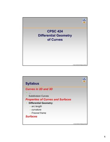 CPSC 424 Differential Geometry of Curves Syllabus - Ugrad.cs.ubc.ca