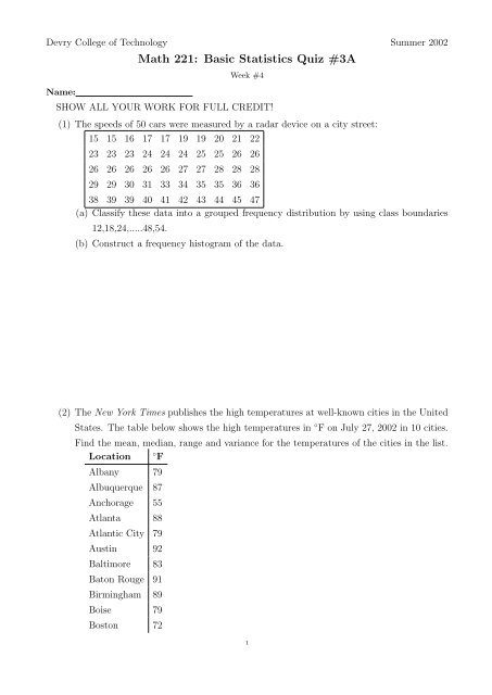 Math 221: Basic Statistics Quiz #3A