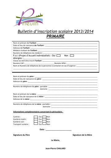 Bulletin d'inscription scolaire 2013/2014 PRIMAIRE