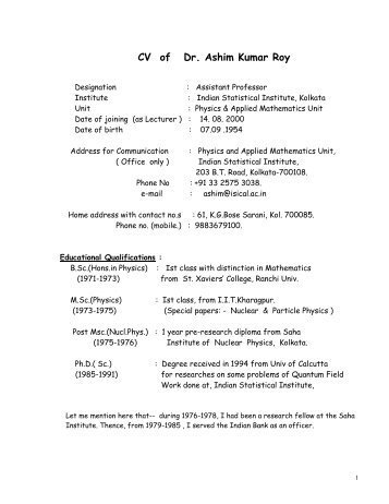 CV of Dr. Ashim Kumar Roy - Indian Statistical Institute