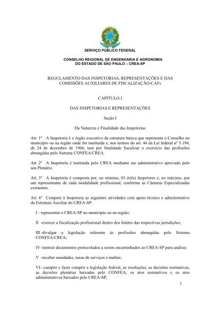 Regulamento das Inspetorias, Rep. e CAFs- AlteraÃ§Ã£o ... - Crea-SP