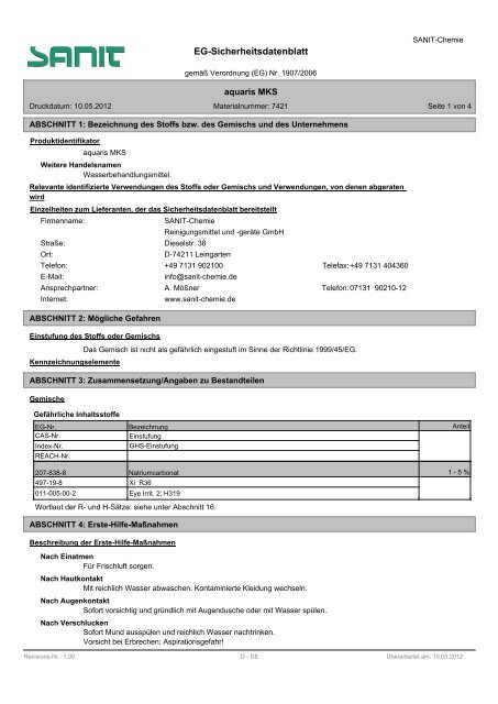 EG-Sicherheitsdatenblatt - SANIT Reinigungsmittel und
