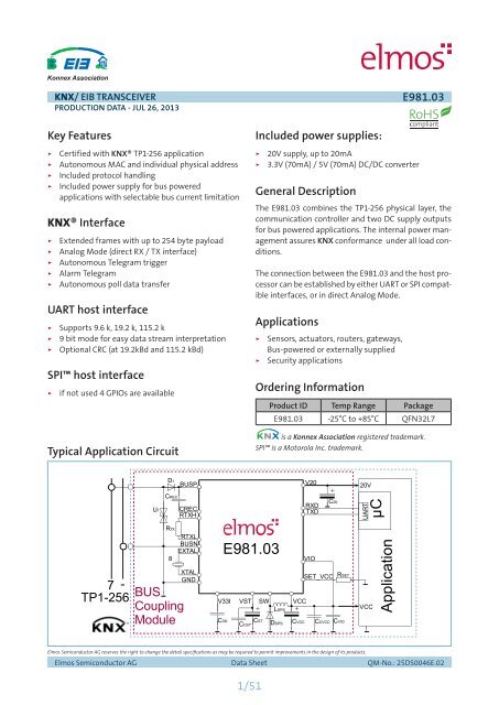 KNX / EIB UART Transceiver E981.03 - Channel Microelectronic ...