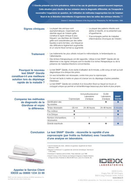 Fiche d'information produit SNAP Giardia - Idexx