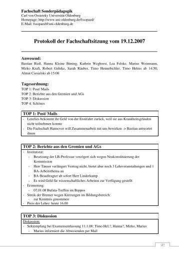 Protokoll der Fachschaft Sonderpädagogik 19.12.07