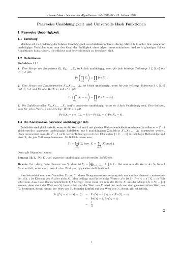 Pairwise Independence and Universal Hash Functions