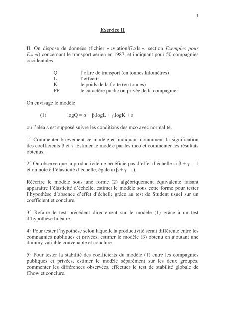 Exercice II II. On dispose de données (fichier « aviation87.xls ...