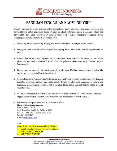 PANDUAN PENGAJUAN KLAIM INDIVIDU - Generali Indonesia