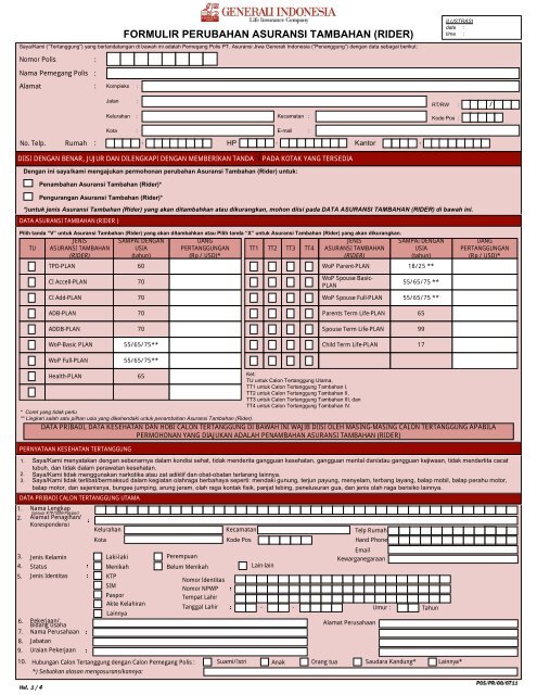 Formulir Perubahan Asuransi Tambahan (Rider) - Generali Indonesia