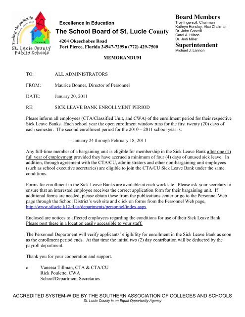 Sick Leave Bank Enrollment Memo - St. Lucie County School Board