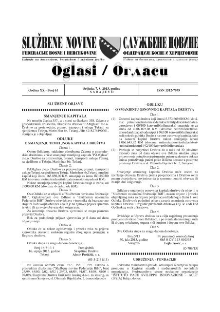 BROJ 61 - JP NIO SluÅ¾beni list Bosne i Hercegovine