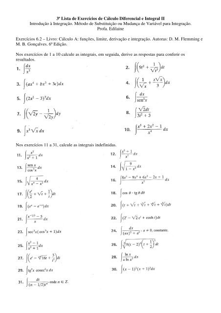 3ª Lista de Exercícios de Cálculo Diferencial e Integral II Introdução ...