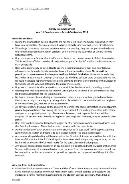 Year 11 Exam Timetable - Trinity Grammar School