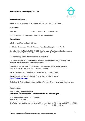 Wohnheim Hechinger Str. 14 - Studentenwerk Tübingen-Hohenheim