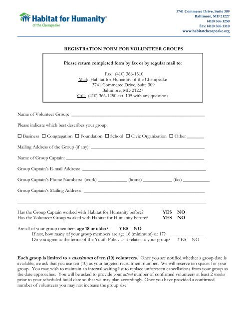 REGISTRATION FORM FOR VOLUNTEER GROUPS Name of ...