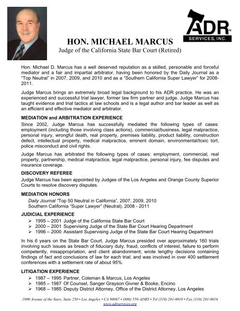 HON. MICHAEL MARCUS - ADR Services, Inc.