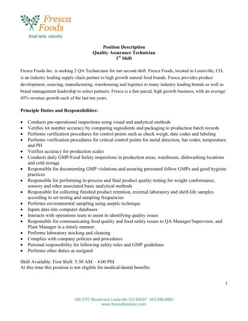 quality assurance technician fresca foods inc quality assurance technicians