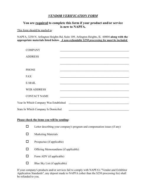 VENDOR VERIFICATION FORM - NAPFA