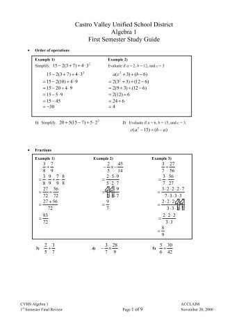 CVHS Algebra I First Semester Final Exam Study Guide 2008-09