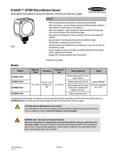 R Gage Qt50r Retroreflective Sensor Banner Engineering