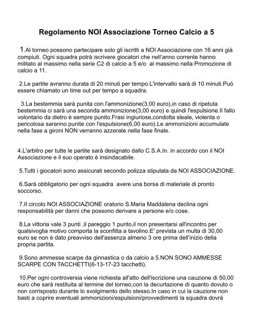 Regolamento Torneo Calcio a 5 2012