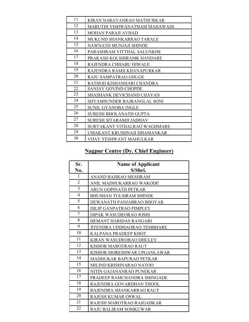 Selection of Dy. Chief Engineer - Mahagenco